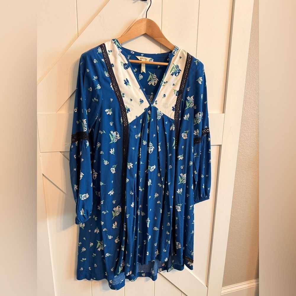 Matilda Jane Blue Cream Floral Day Tripping Boho Dress Women's Small V Neck